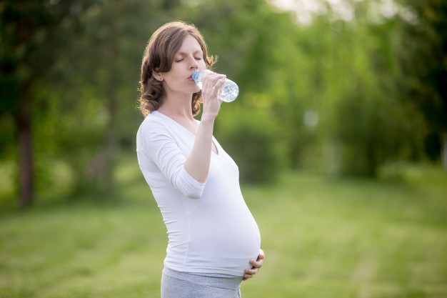 happy-pregnant-woman-drinking-natural-water-in-park_1163-1687